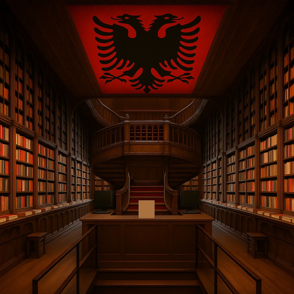 Sallë biblioteke nën shqiponjën dykrenare shqiptare