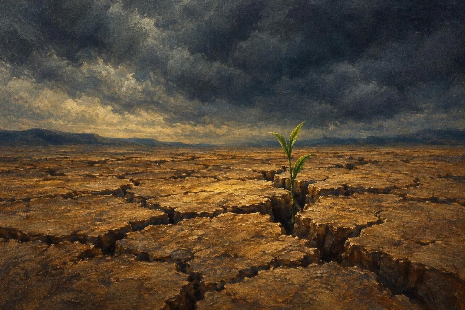 Tokë e çarë dhe e thatë me një filiz të vetmuar nën re të errëta