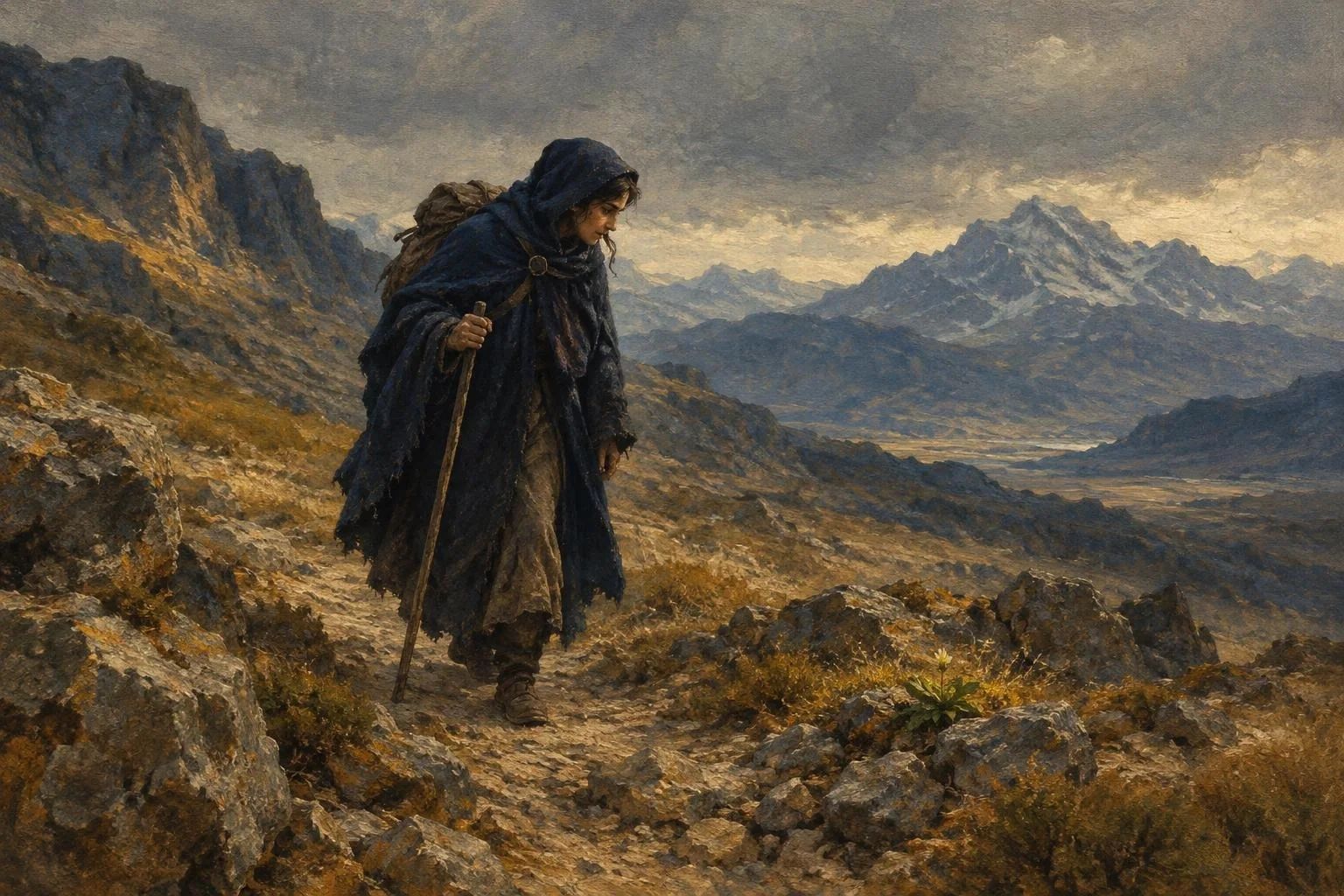 Një udhëtar me pelerinë në një shteg shkëmbor mali nën qiellin e hirtë