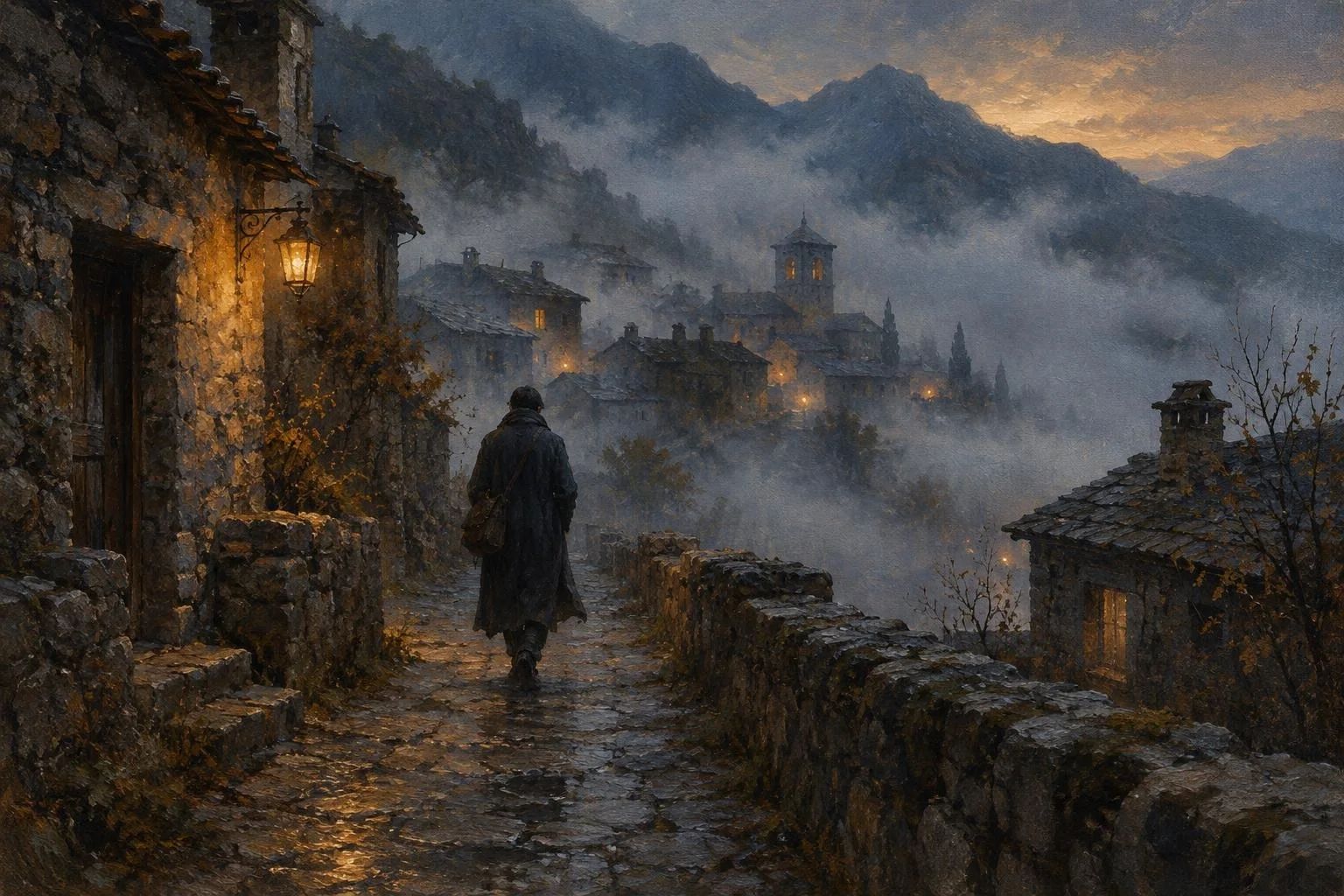 Një udhëtar i vetmuar duke ecur në një rrugicë guri mes mjegullës në muzg