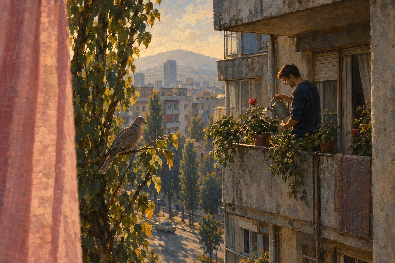 Mëngjes në Tiranë: duart e një djali vaditin një trëndafil të kuq në ballkonin e pallatit përballë, parë nga pas një perdeje rozë.
