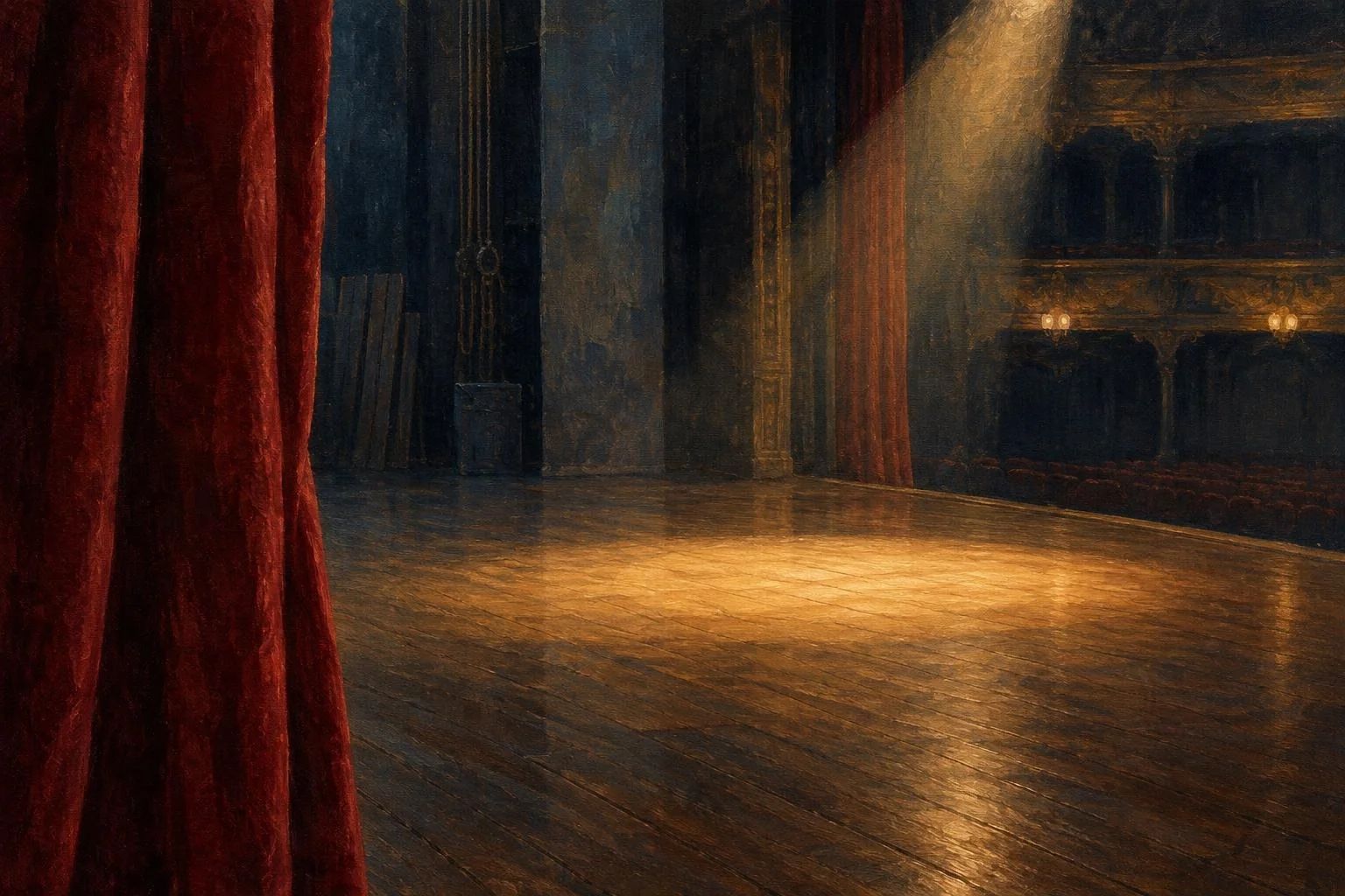 Skenë e zbrazët teatri me dërrasa druri dhe perde të kuqe kadifeje në dritë të butë