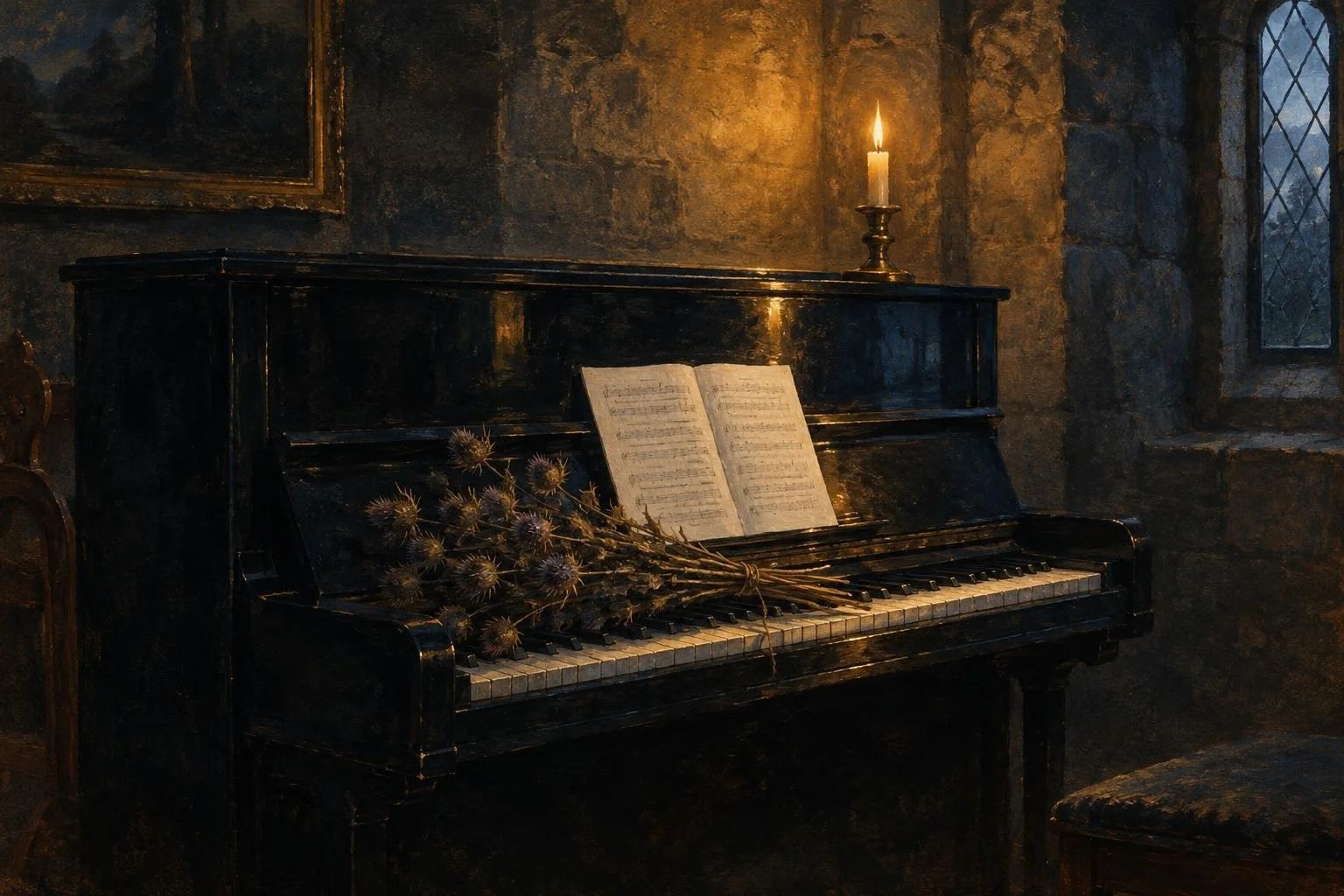 Një piano e zezë në një dhomë guri me dritë qiriri dhe gjemba të tharë mbi tastierë