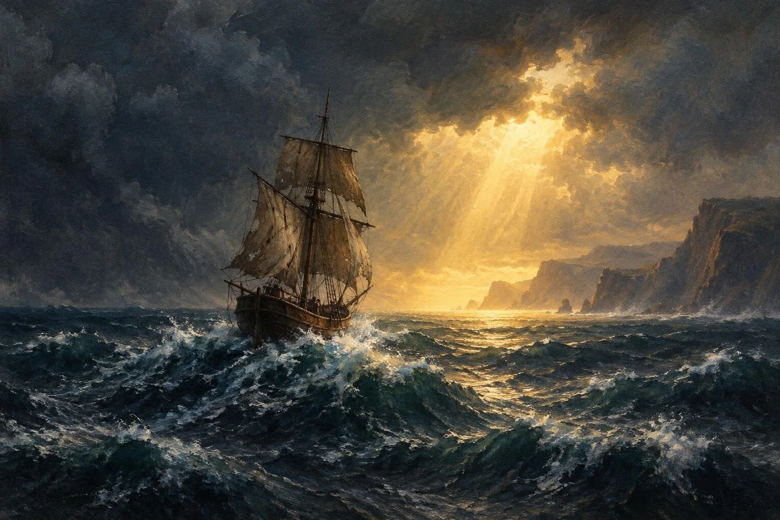 Një anije me vela që lundron mes dallgëve të stuhishme drejt një rrezeje të artë drite