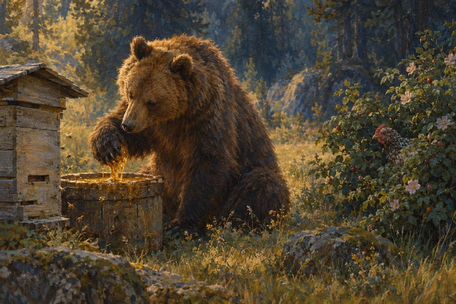 Një ari pranë një koshereje në pyll dhe një pulë me lara që e vështron nga larg