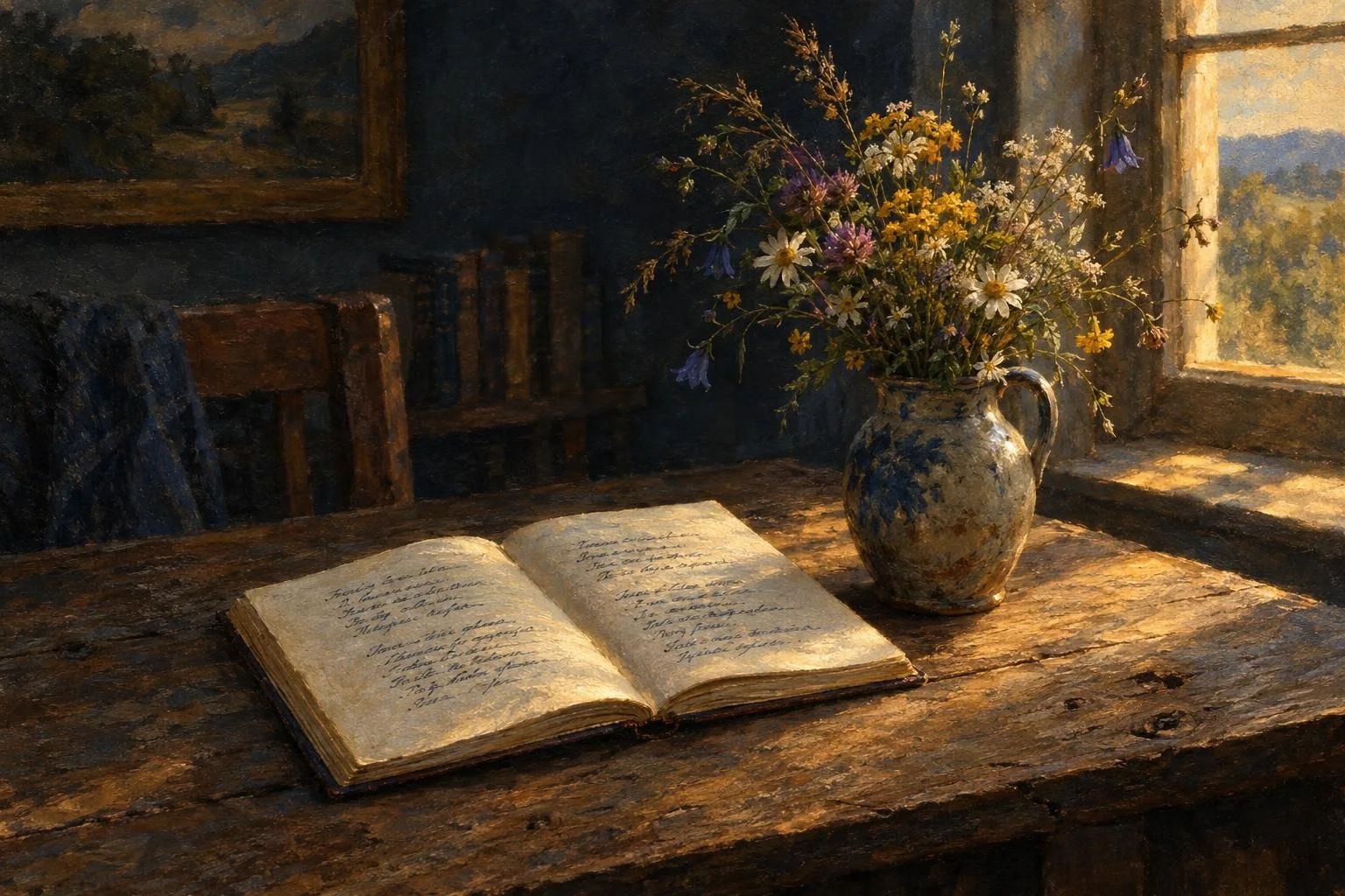 Një fletore e hapur me poezi dhe një vazo me lule mali mbi tryezë druri