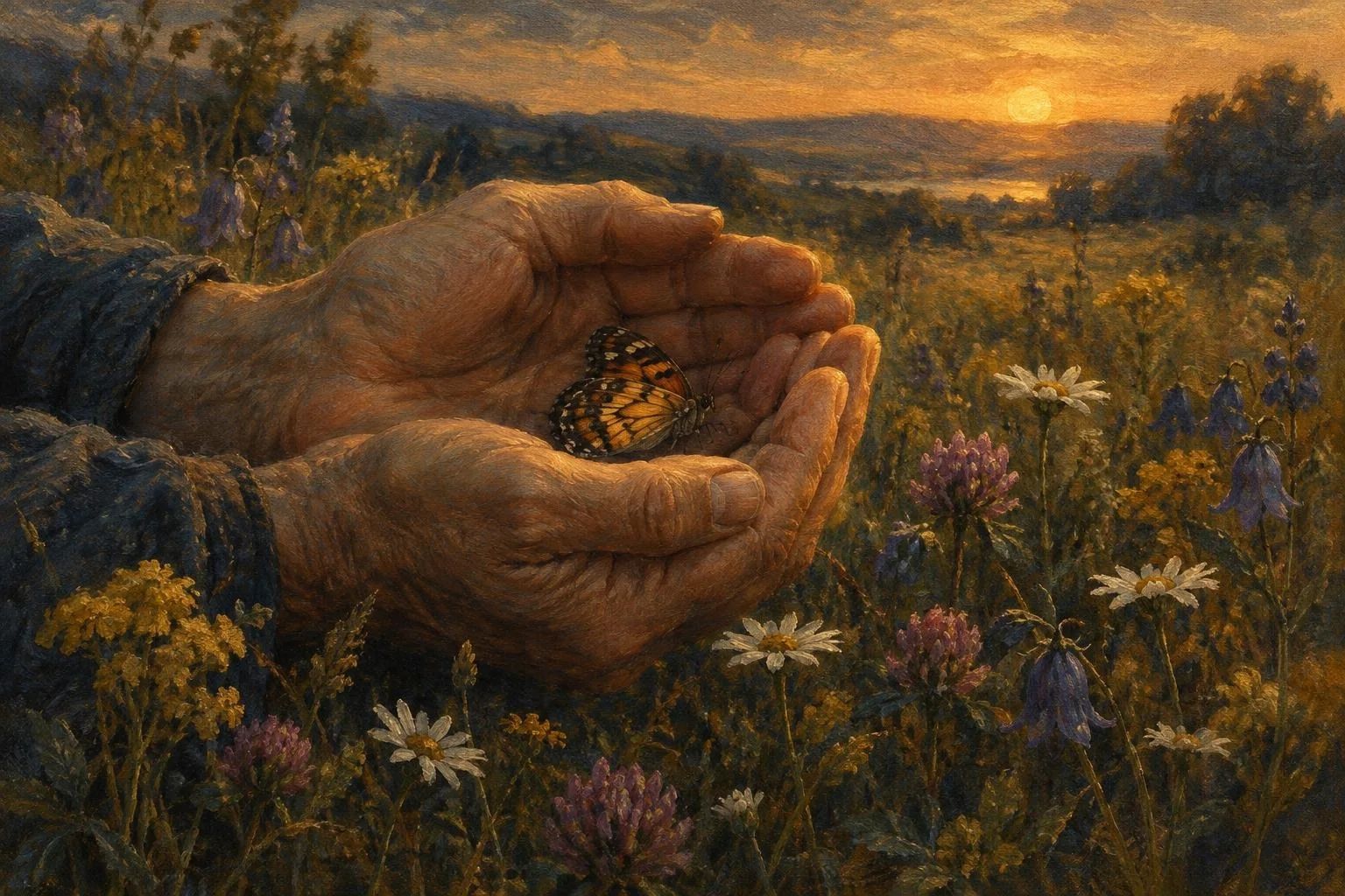 Dy duar që mbajnë me kujdes një flutur mes luleve në muzg