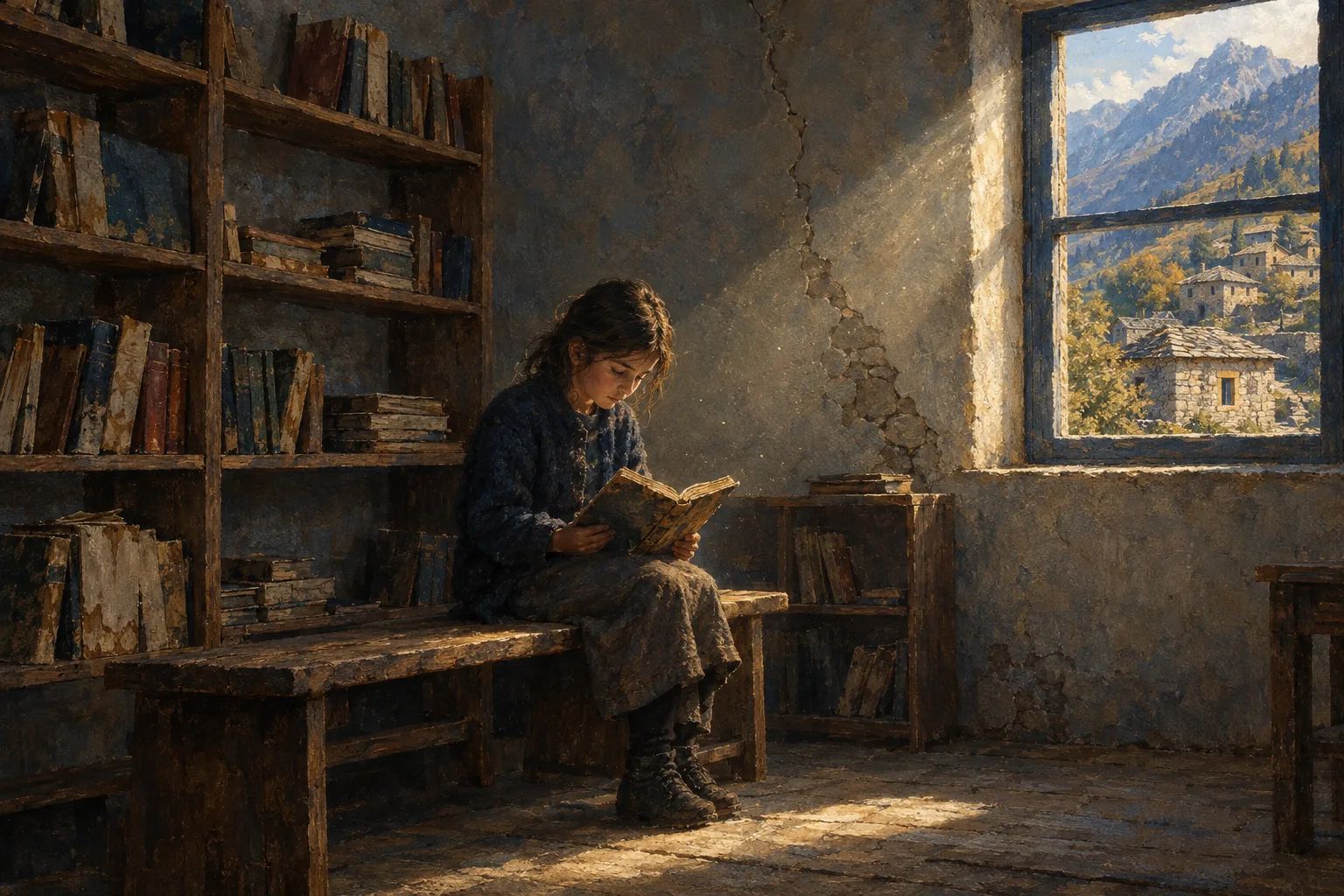 Dhoma e vogël e një biblioteke fshati malor: rafte druri me pak libra të dëmtuar, dritë nga një dritare dhe një fëmijë që lexon në stol.