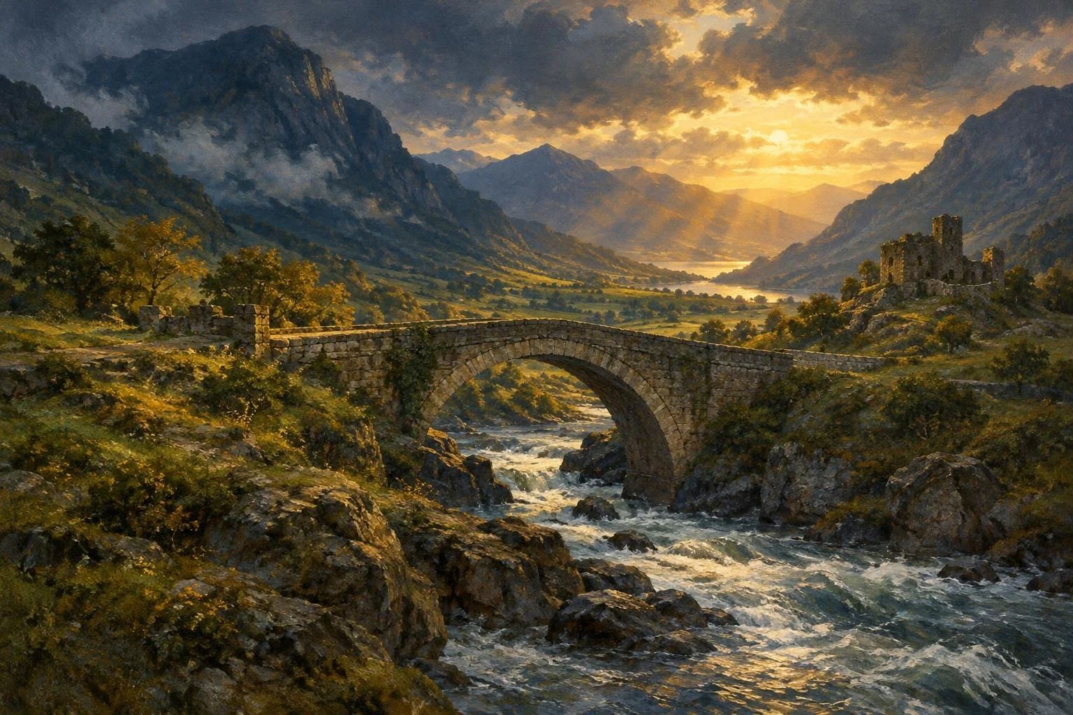 Ura e lashtë prej guri mbi një lumë malor e ndriçuar nga rrezet e para të diellit mes maleve