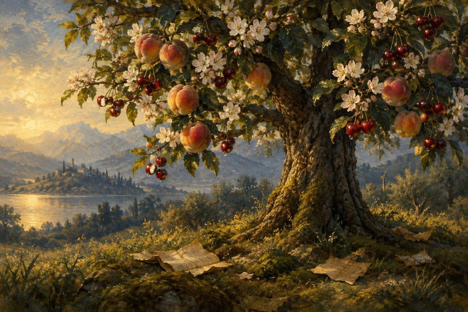 Pemë e harlisur me fruta të pjekura pjeshke e qershie mbi lëndinë me bar