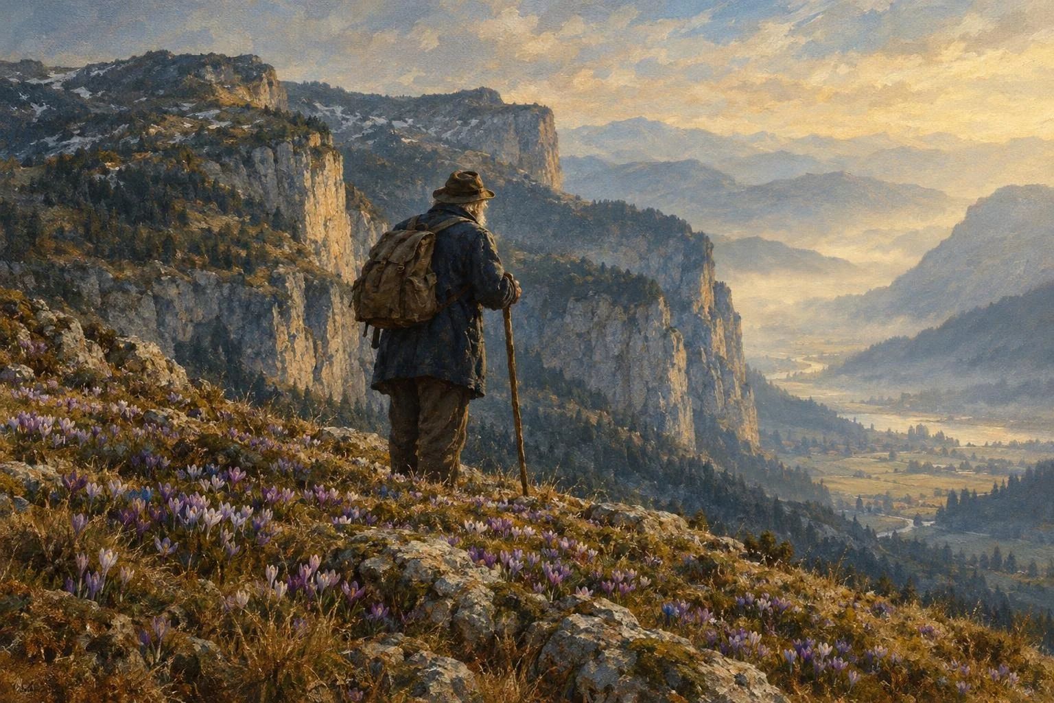 Një udhëtar i moshuar nga pas me shkop dore në buzë të një kreshte plot lule mali