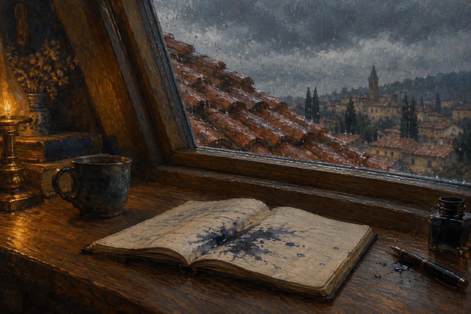 Çati me tjegulla të kuqe nën shi dhe një fletore me njolla boje mbi tryezë
