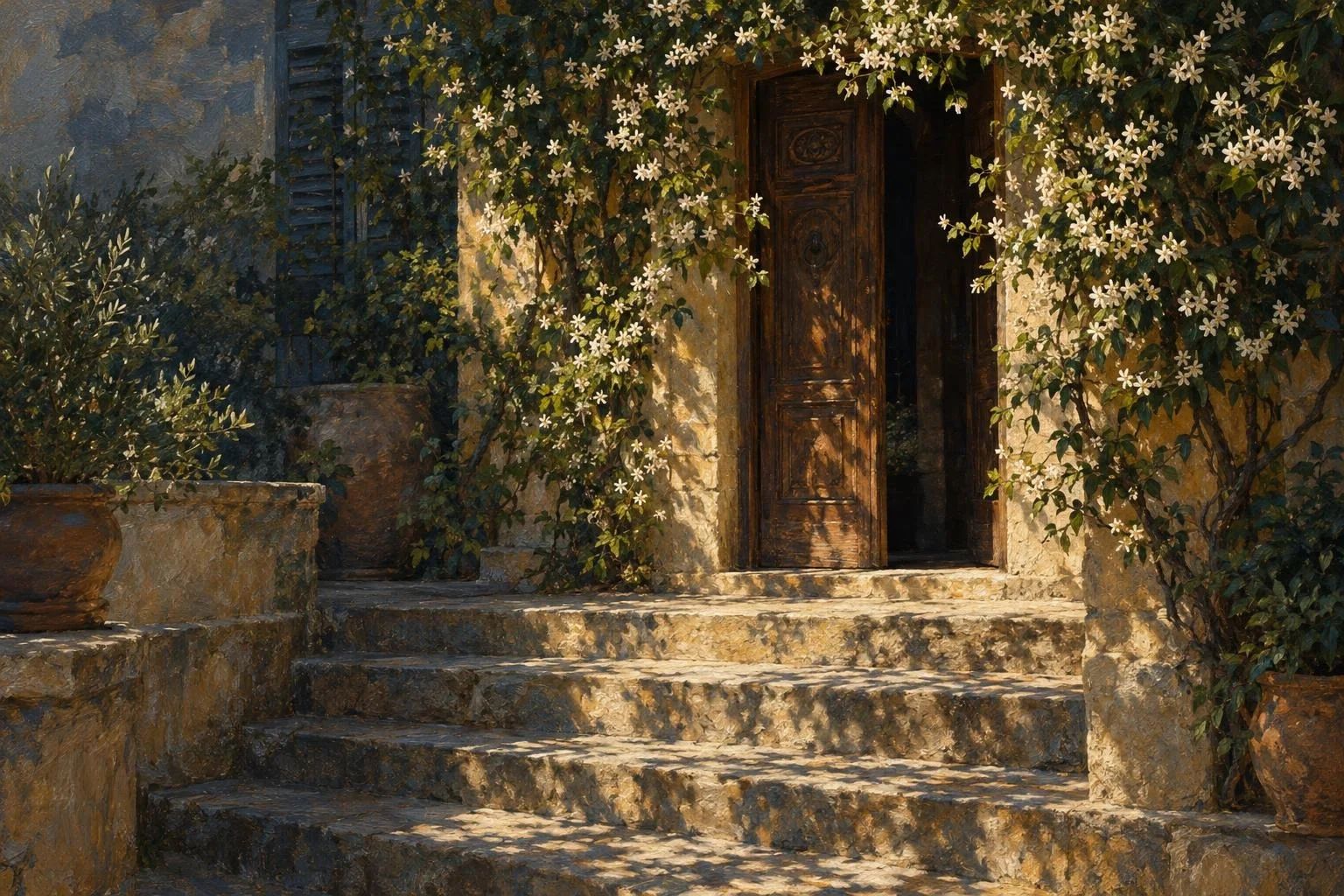 Shkallë të vjetra guri para një porte druri të mbushur me lule jasemini në mëngjes