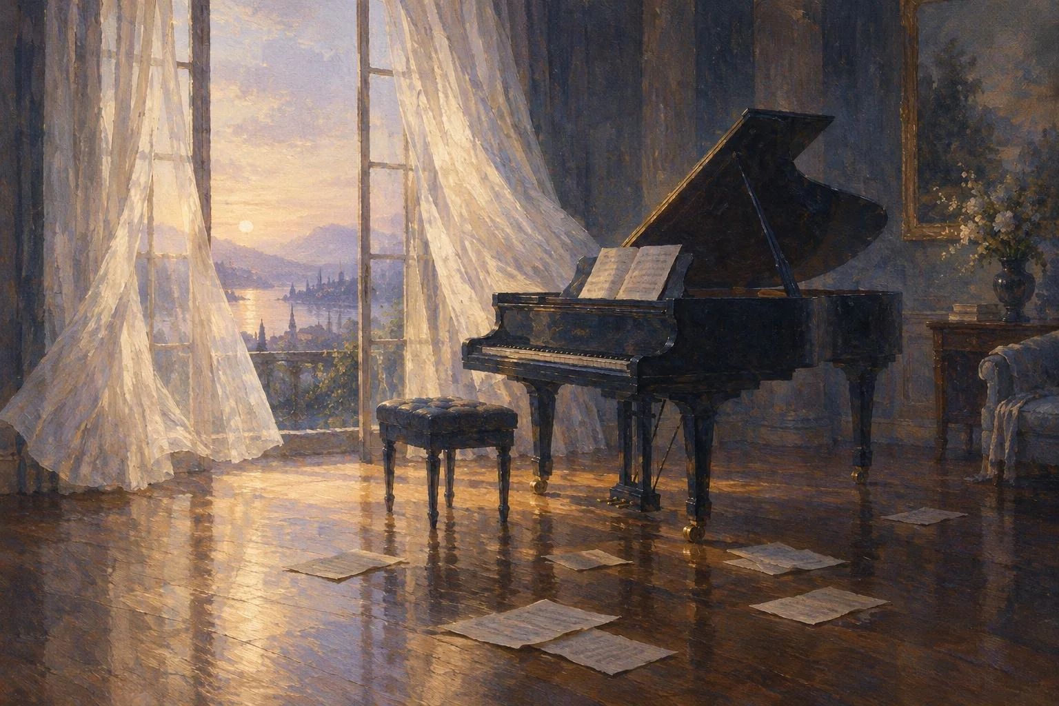 Një dhomë në agim me perde të bardha që valëviten nga era pranë një pianoje