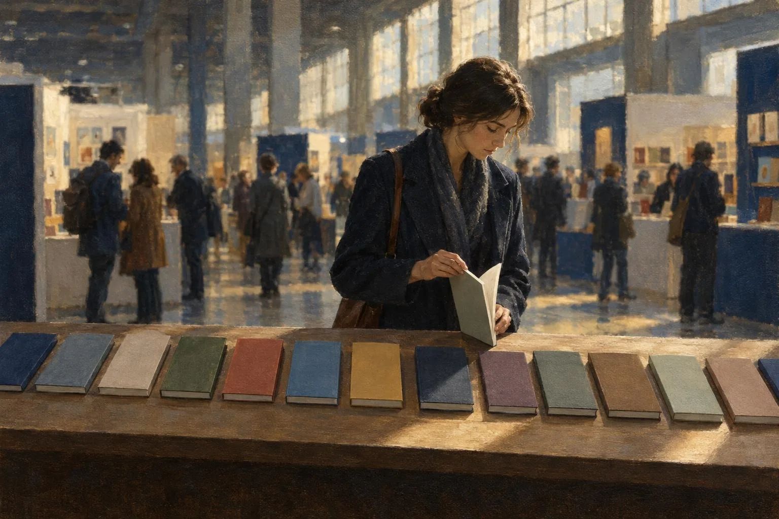 Tryezë e gjatë në një panair evropian libri me katërmbëdhjetë libra në rresht; duart e një lexuesi hapin një vëllim të hollë nën dritë.