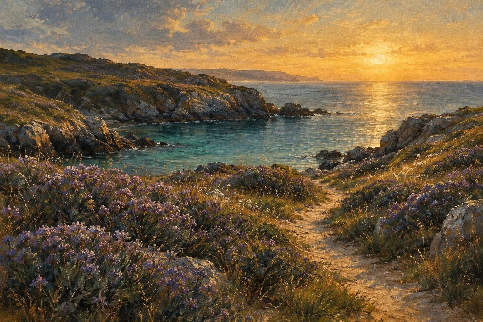 Një shteg me lule të egra drejt një gjiri të qetë detar në perëndim të diellit