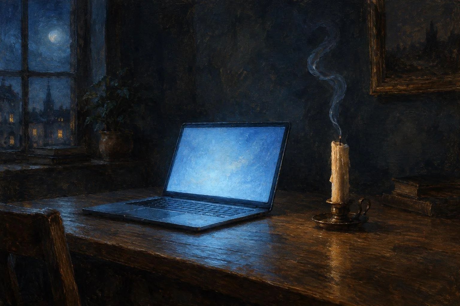 Një laptop i ndezur dhe një qiri gati i fikur mbi një tryezë druri në errësirë