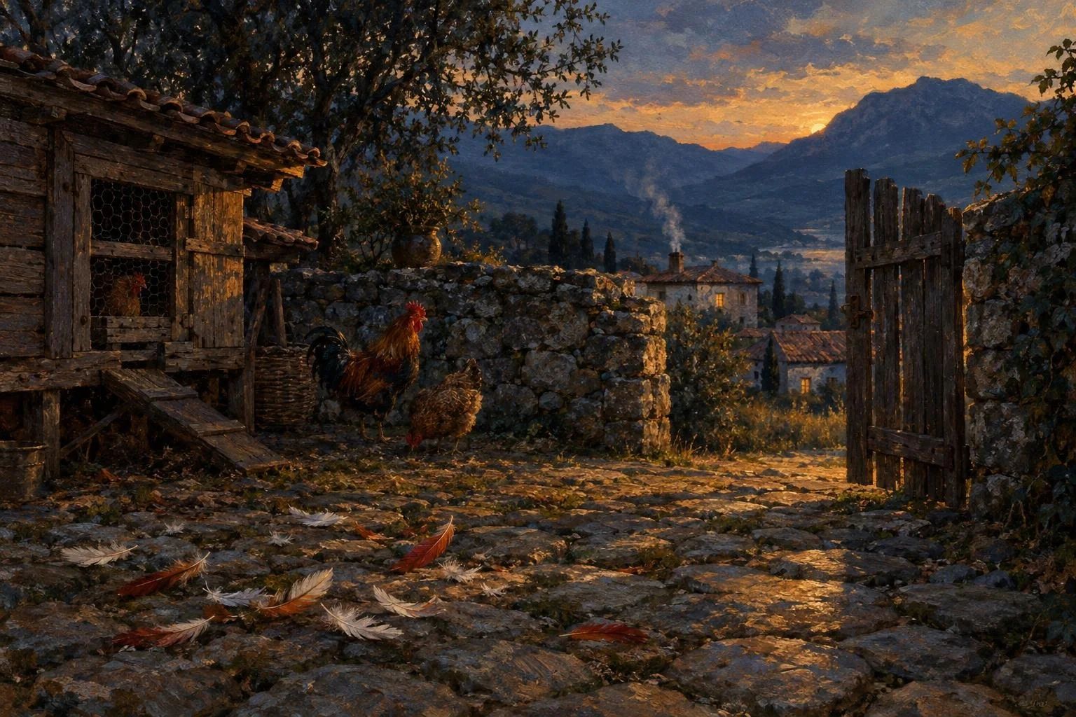 Pamje e një oborri fshati në muzg pranë një koteci druri me pupla të shpërndara mbi kalldrëm