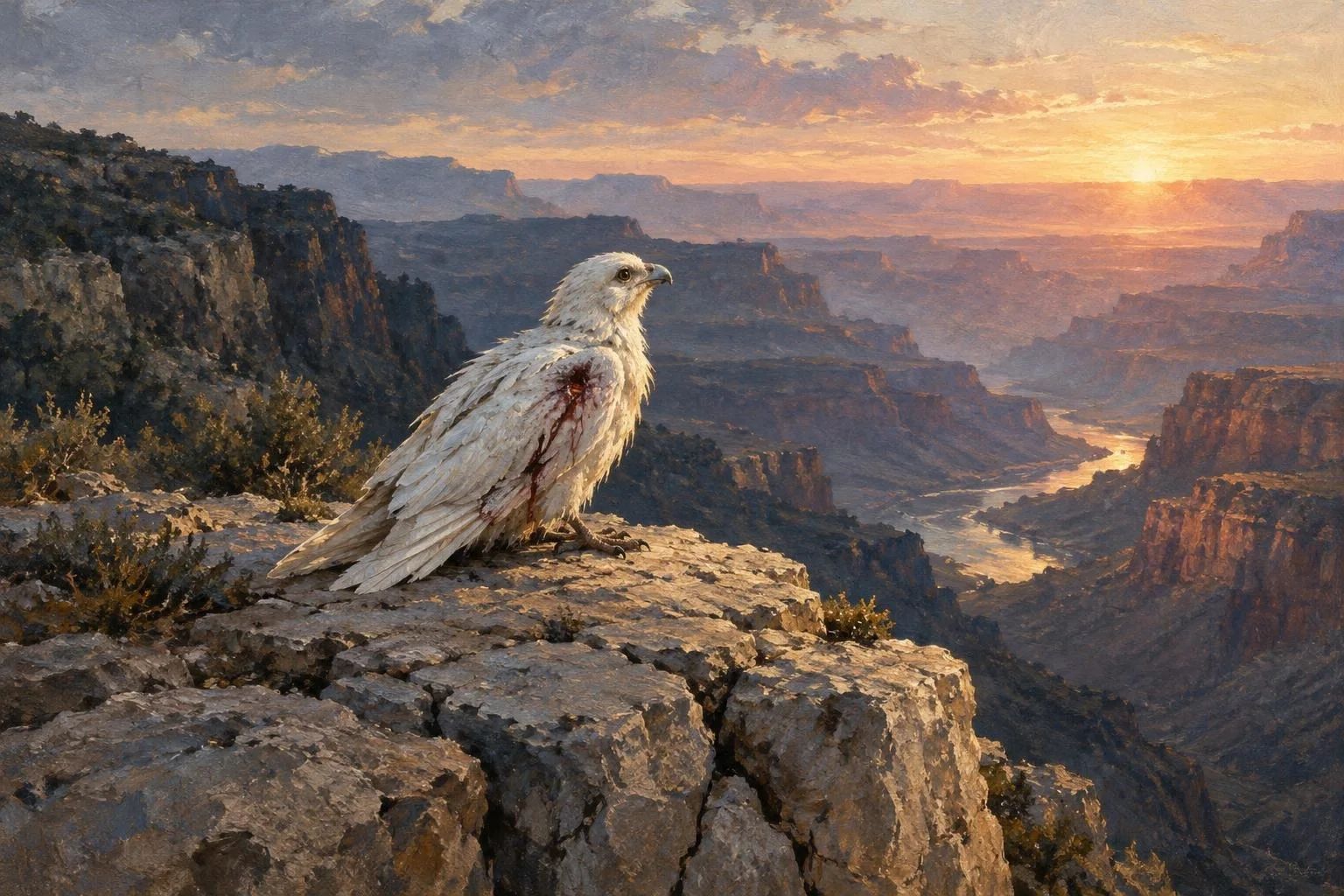 Një zog i bardhë në një shkëmb gëlqeror përballë dritës së agimit mbi kanion
