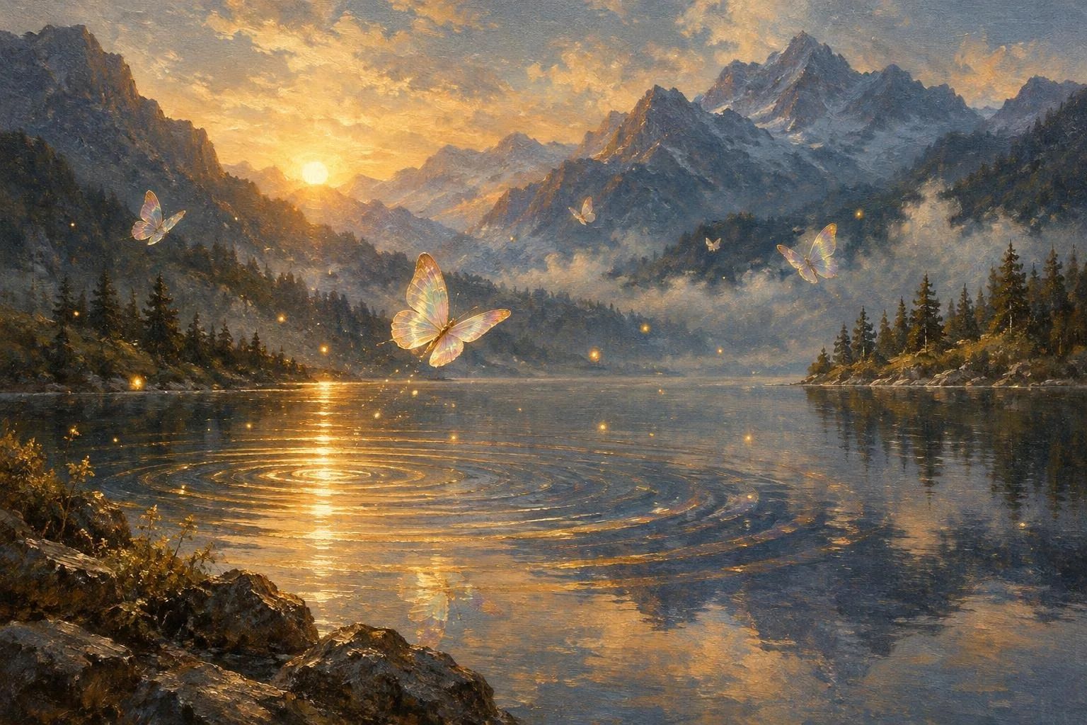 Rrathë të artë uji që përhapen në një liqen të qetë malor nën dritën e mëngjesit me flutura vezulluese
