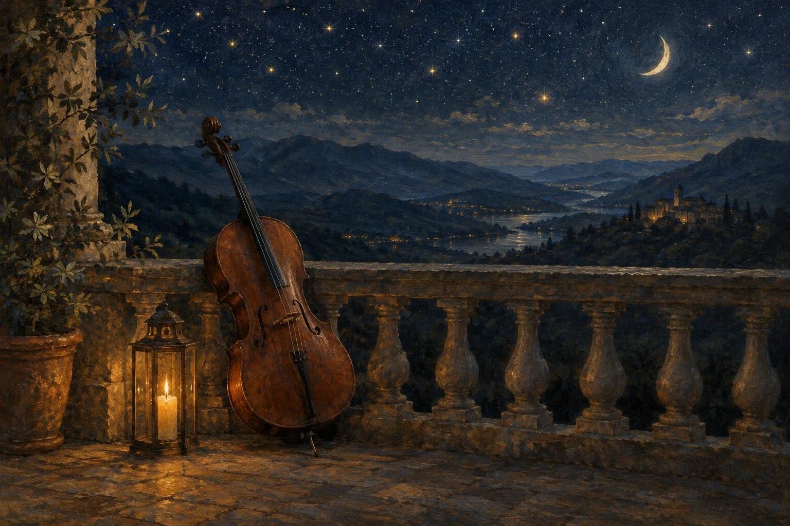 Një violonçel pranë parmakut të gurit nën qiellin me hënë e yje
