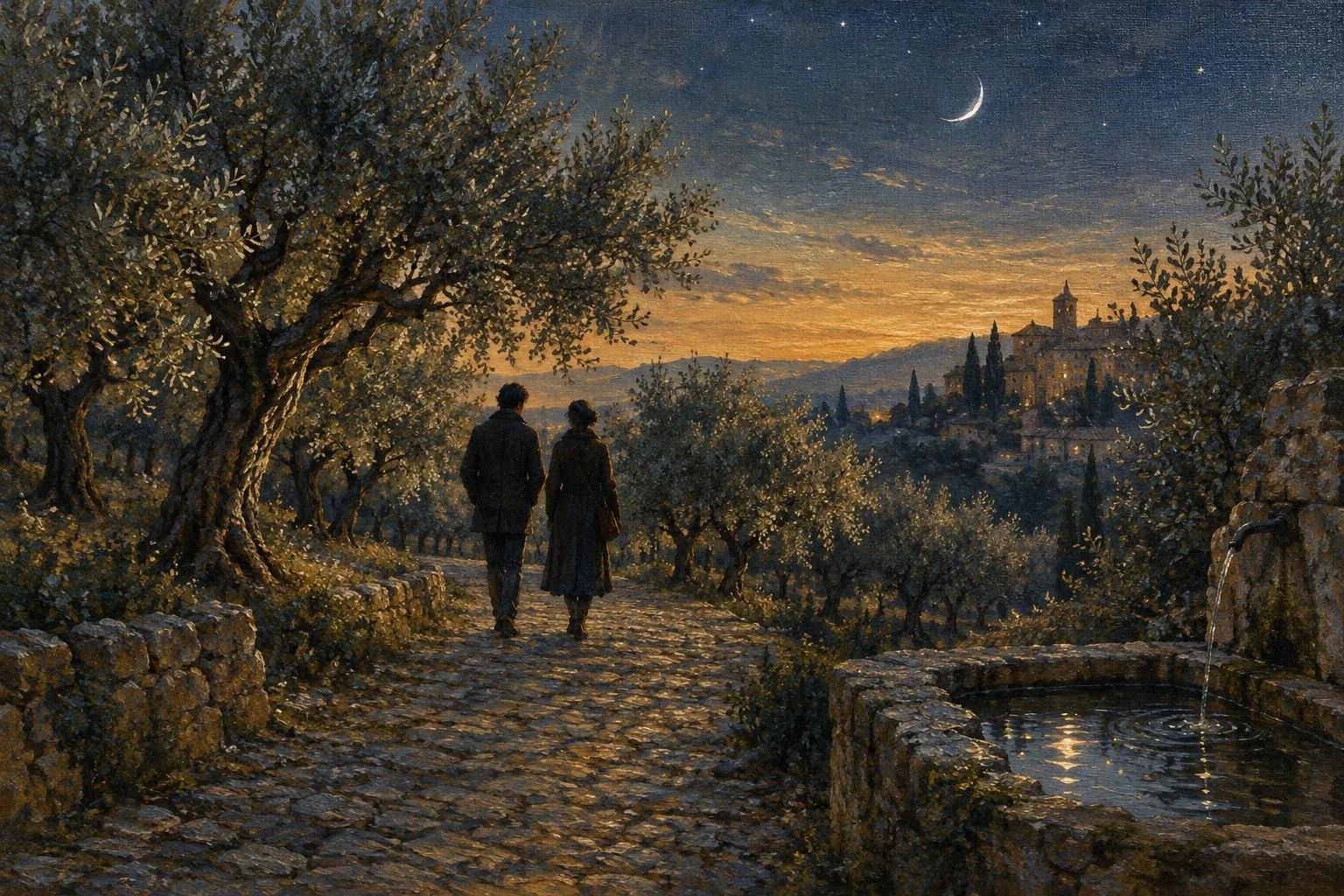 Dy silueta që ecin ngadalë në një rrugicë me kalldrëm nën qiellin me yje dhe hënë