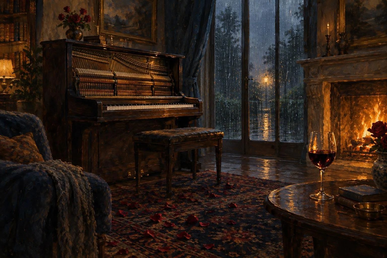 Një dhomë e ngrohtë me piano të hapur, petale trëndafili mbi tapet dhe shi në dritare