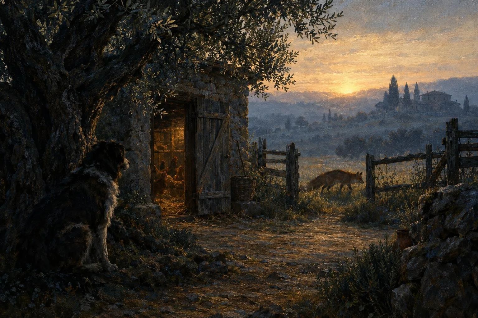 Silueta e një dhelpre duke u afruar te një qymez druri në agim pranë hijes së një qeni roje