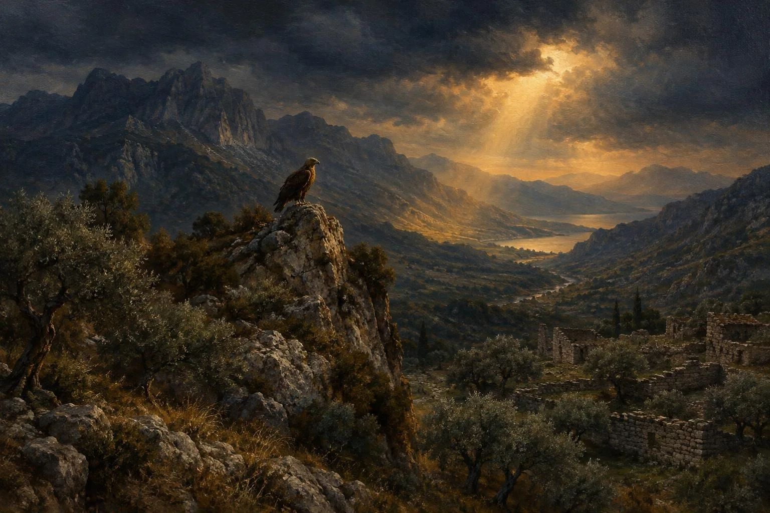 Pikëpamje e zymtë mbi shpatet shkëmbore të një mali shqiptar në perëndim me një shqiponjë të vetmuar