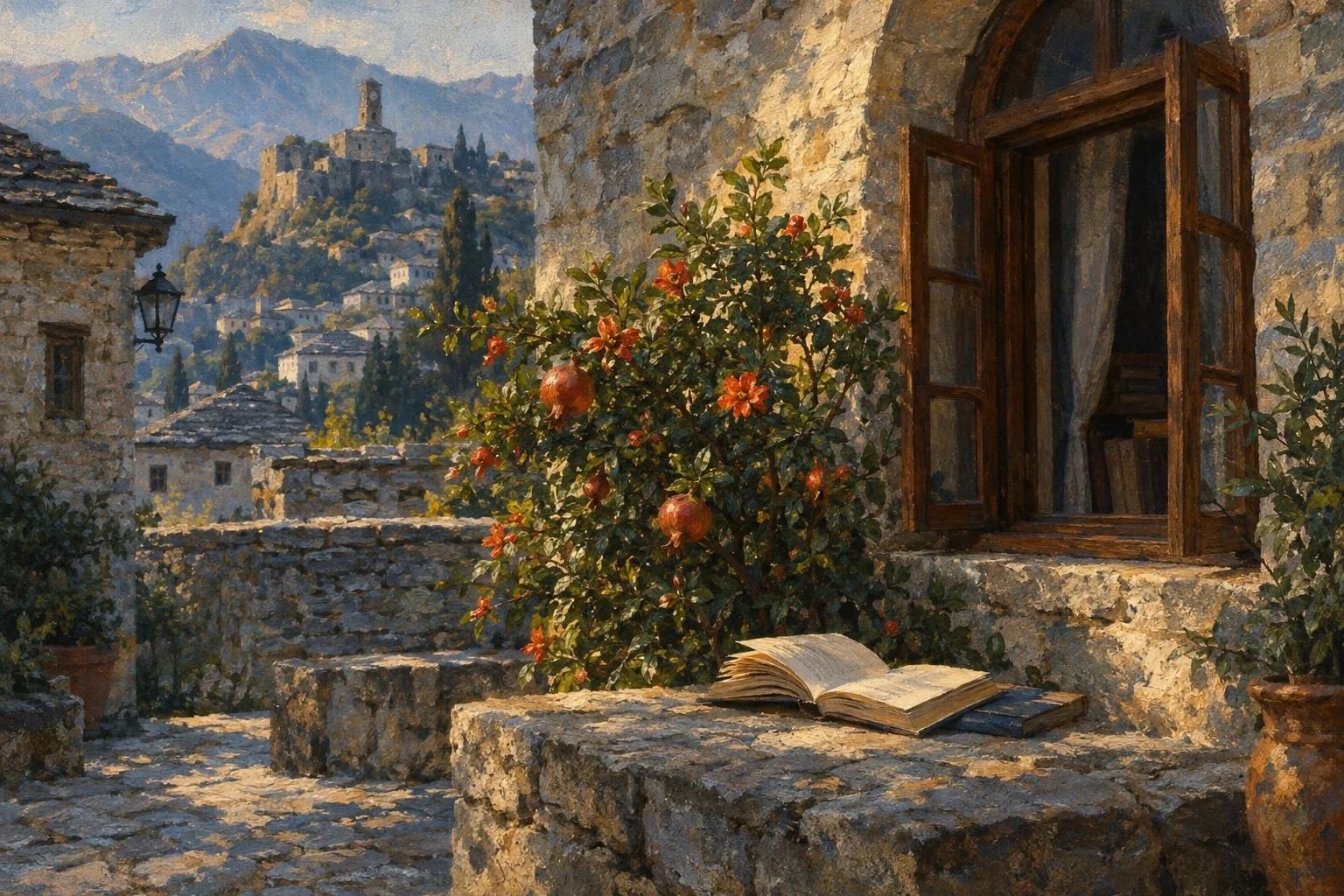 Oborr prej guri në Gjirokastër me fletë poezie pranë një shege me lule