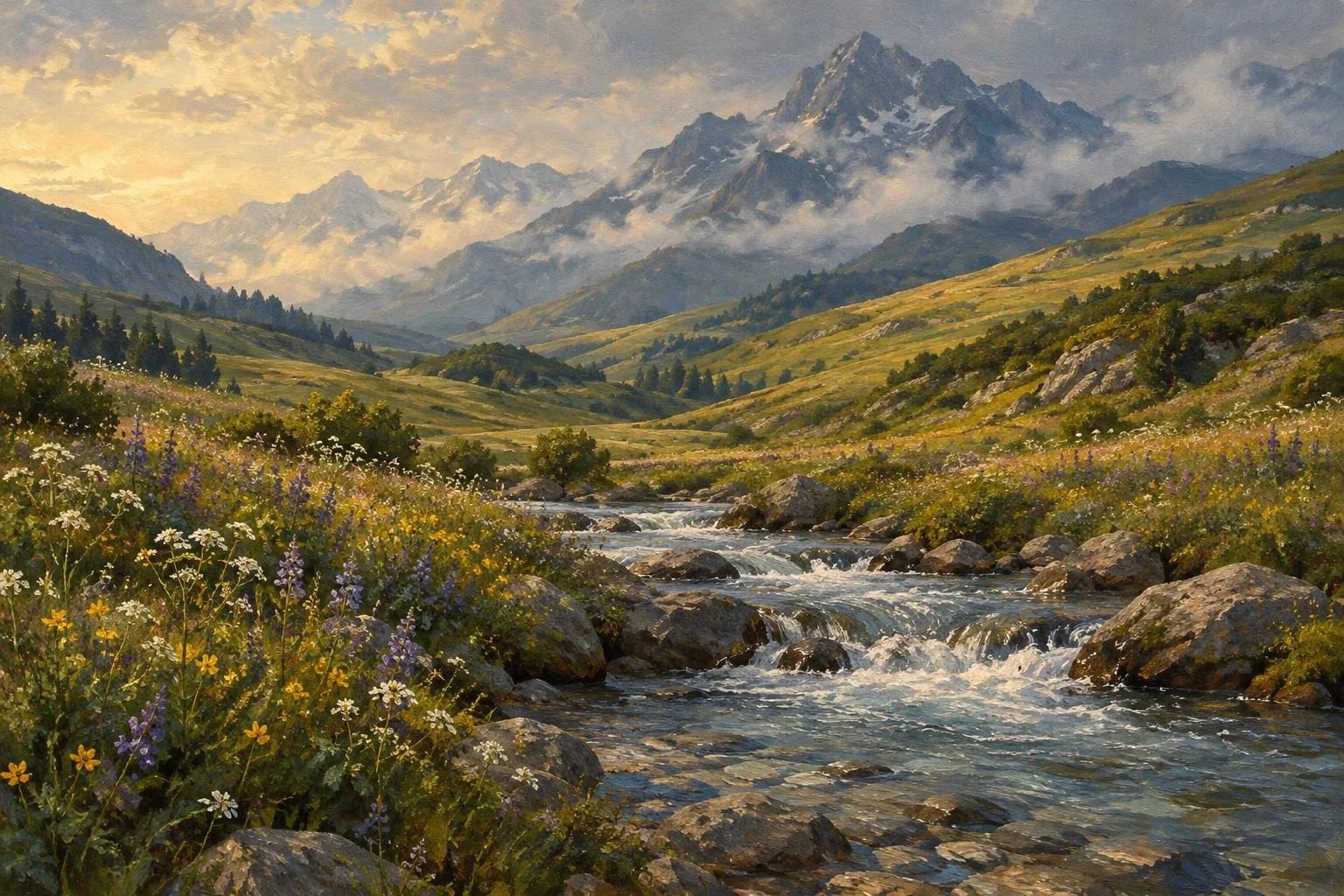 Një përrua i kristaltë mali që rrjedh mes lëndinave të lulëzuara
