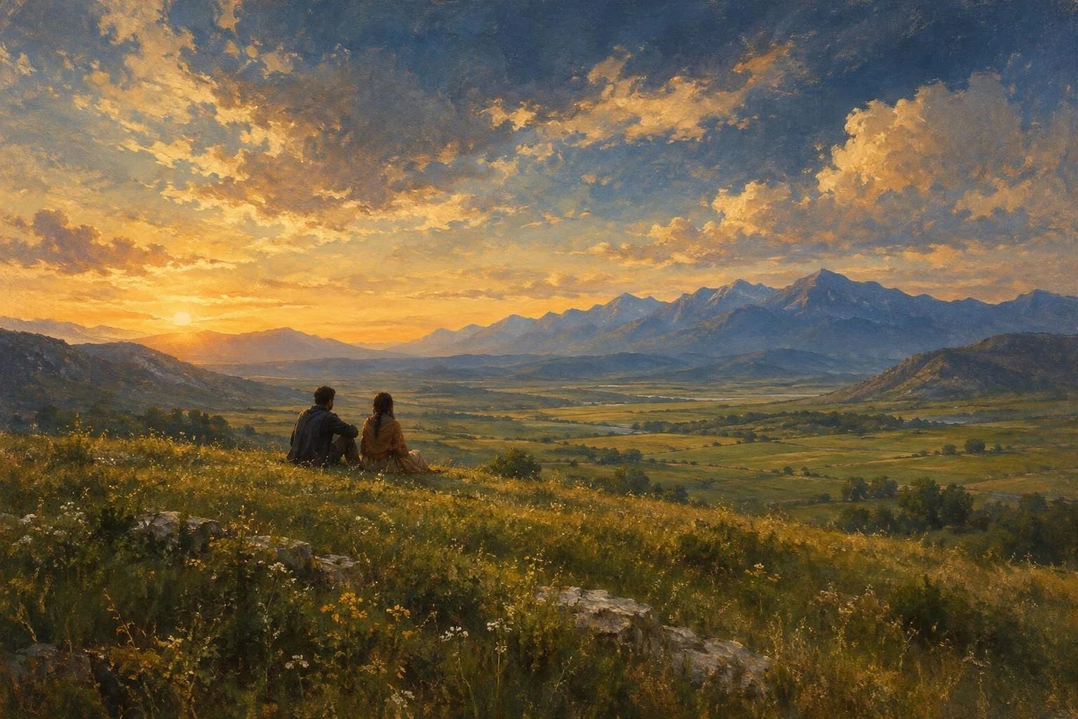 Dy figura të largëta të ulura në një lëndinë të gjerë nën një qiell të hapur në muzg