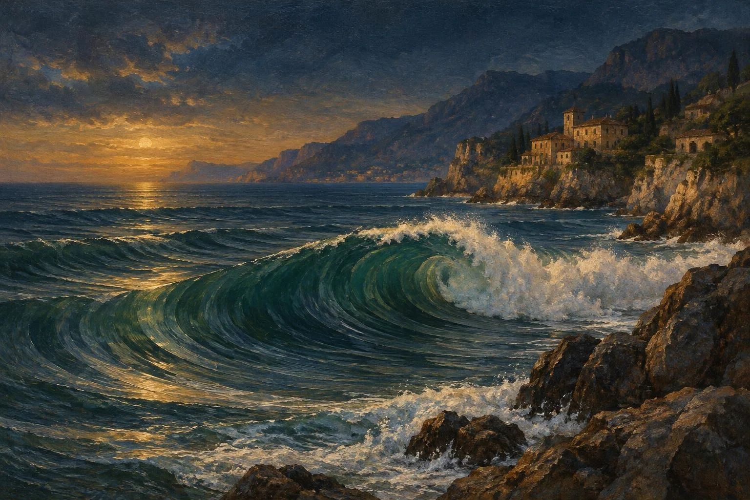 Dallgë të thella deti që thyejnë mbi breg në formë spiraleje në muzg