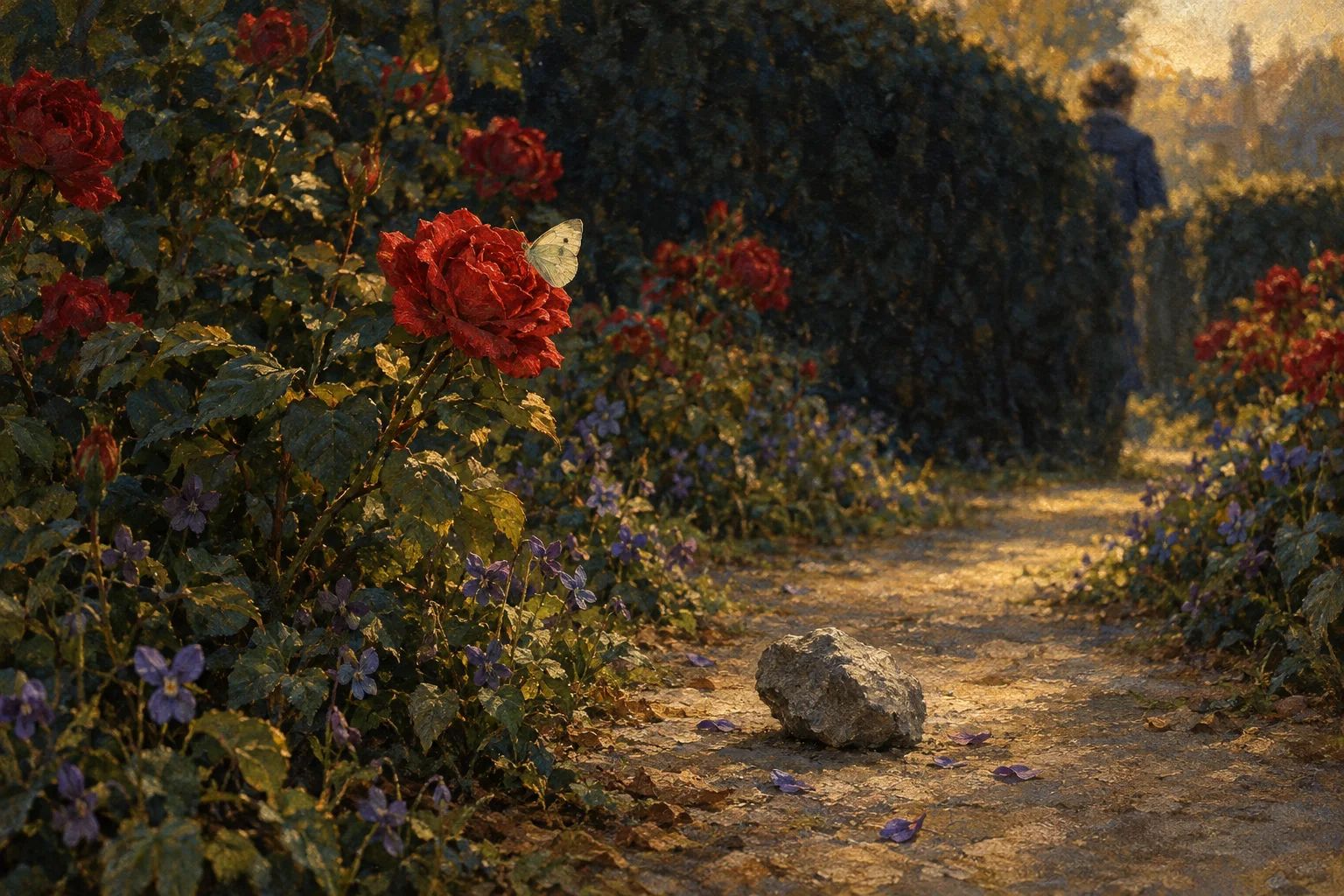 Shteg kopshti në pranverë me trëndafila e manushaqe; një gur i hedhur shtrihet në shteg, ndërsa një flutur qëndron mbi një trëndafil të kuq.