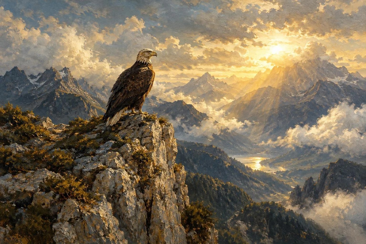 Një shqiponjë e ulur mbi një shkëmb të lartë mali nën dritën e fortë të diellit