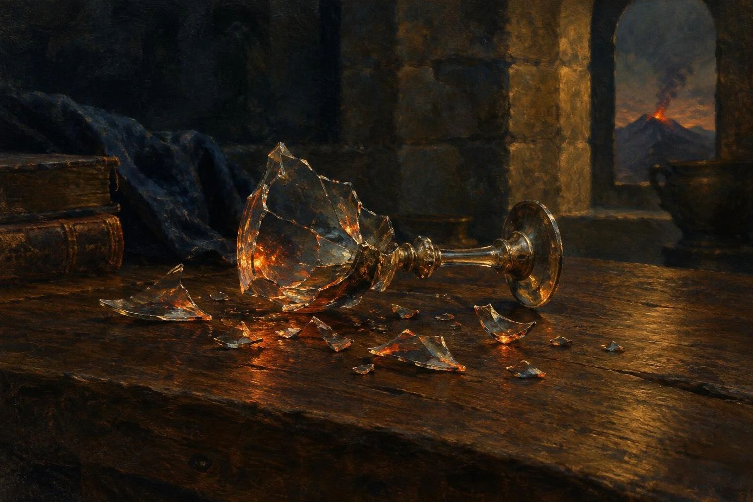Një gotë e thyer mbi tryezë druri me reflektime të ngrohta drite