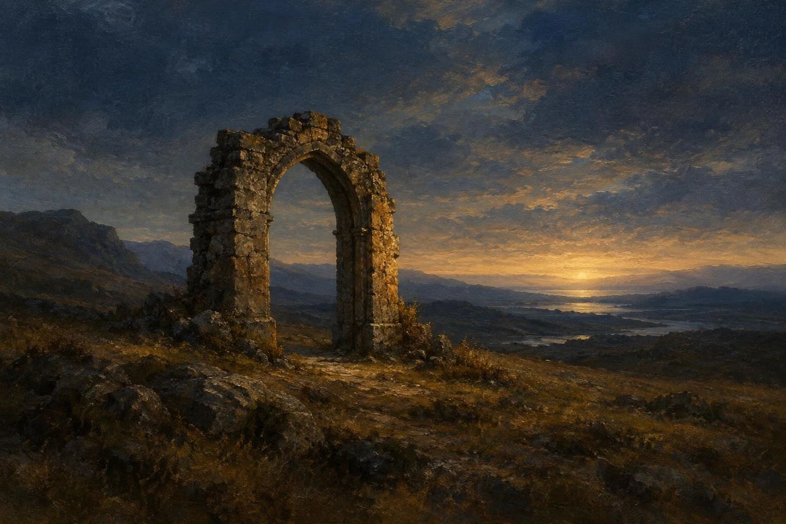 Një hark i vjetër guri i vetmuar në një peizazh në muzg me dritë të zbehtë në horizont
