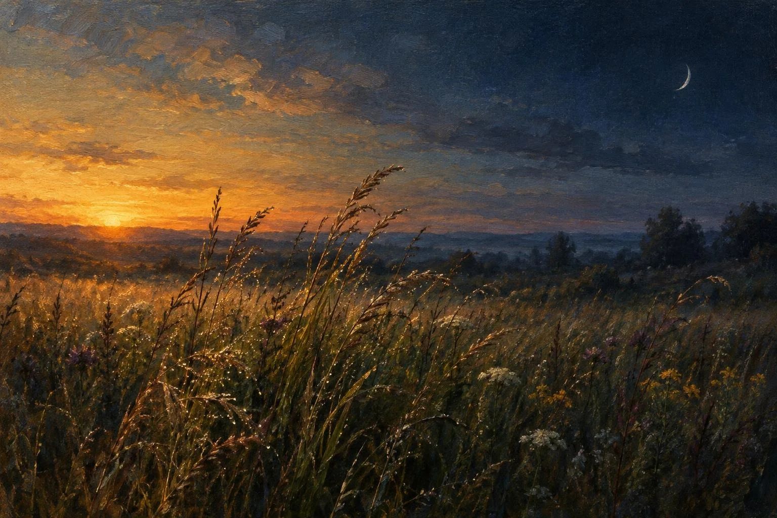Një lëndinë me bar të gjatë në kufirin mes muzgut të artë dhe natës së errët