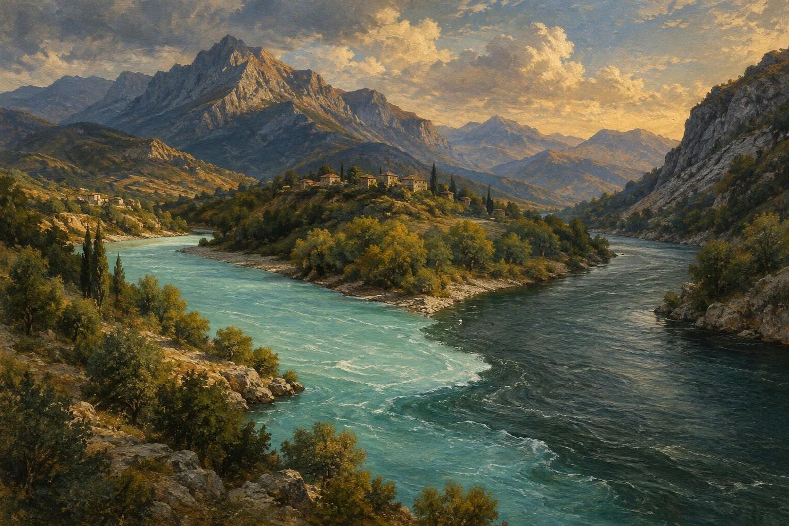 Dy lumenj me ngjyra të ndryshme që bashkohen në një luginë malore