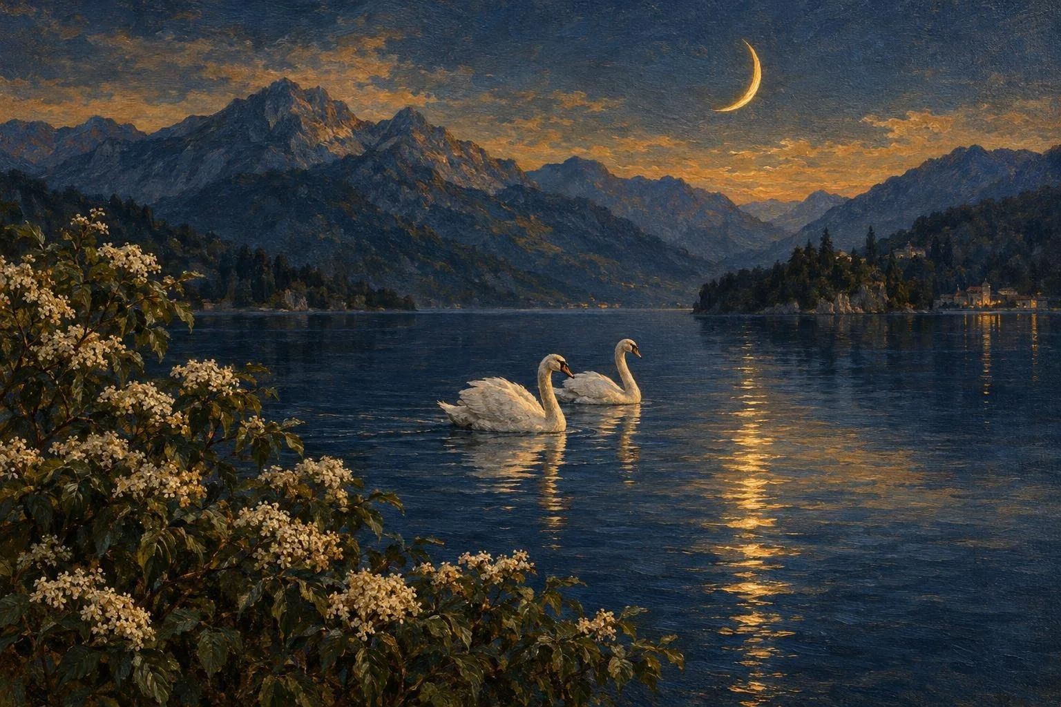 Dy mjelma të bardha mbi një liqen të kaltër të rrethuar nga shkurre me lule nën hënë