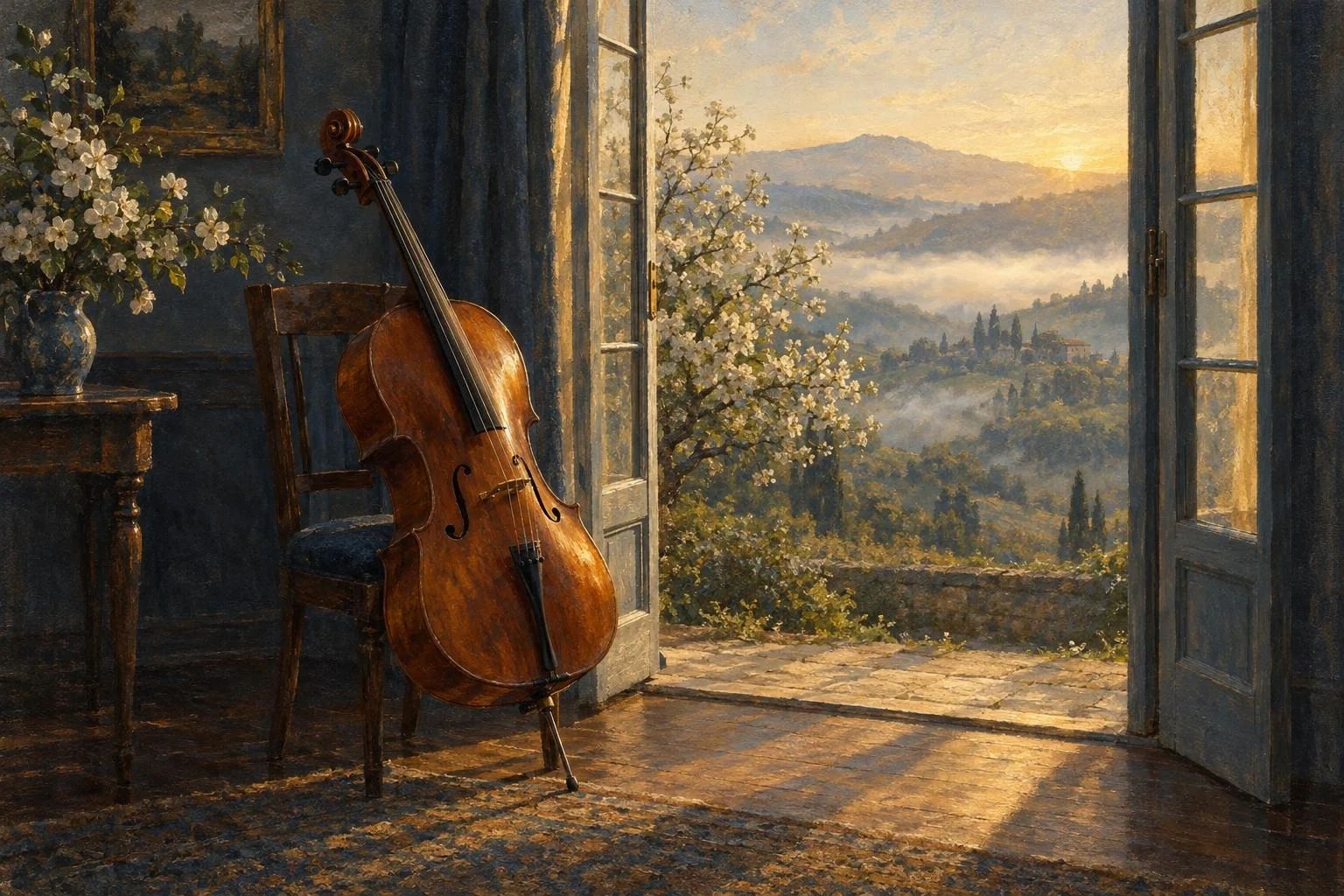 Një violonçel i mbështetur pranë dritares së hapur në dritën e artë të agimit mbi kodra