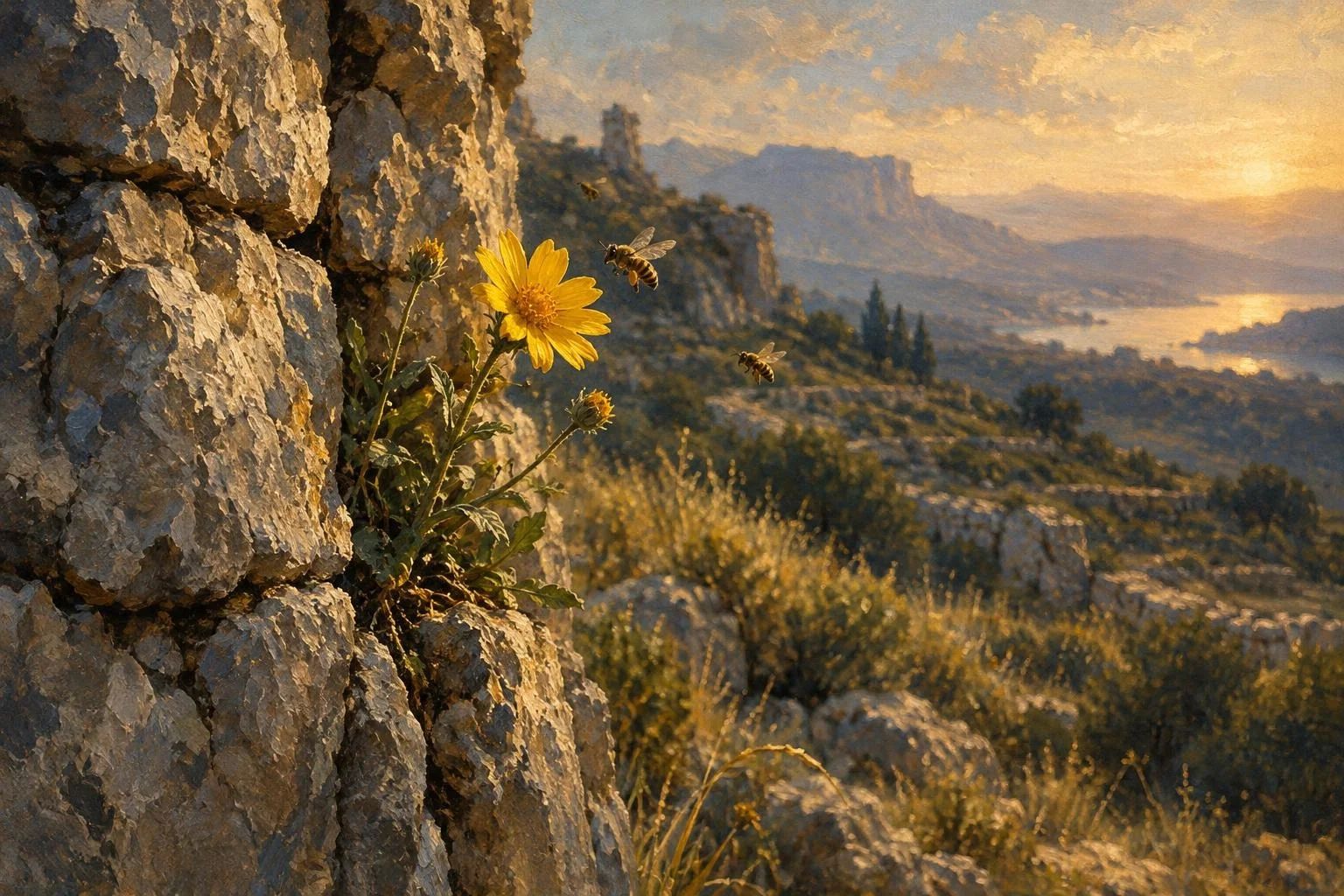 Lule e egër e verdhë që mbin në një mur guri me bletë rreth saj