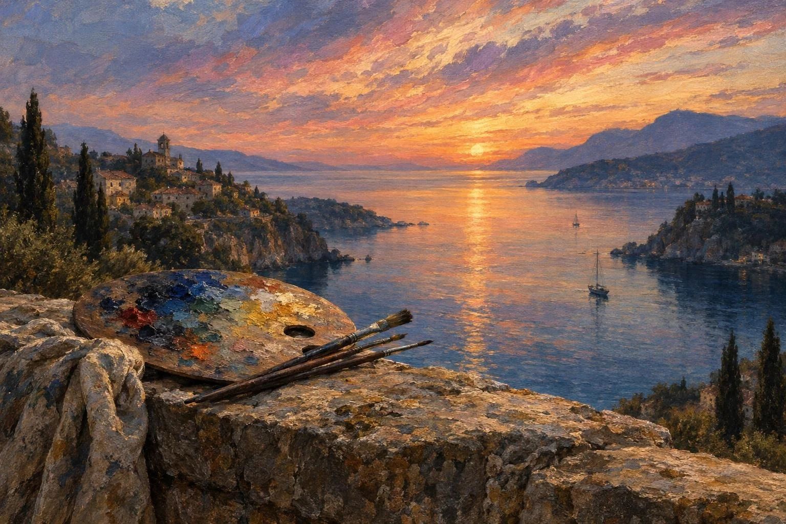 Kutia e ngjyrave dhe penelat mbi një gur me pamje nga deti në perëndim të diellit