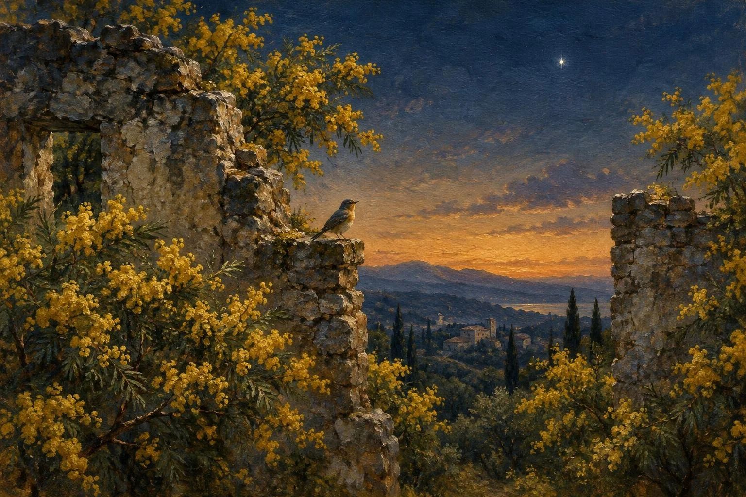 Mure të rrënuara guri mes pemëve të mimozave në muzg me një zog të vogël në parvaz