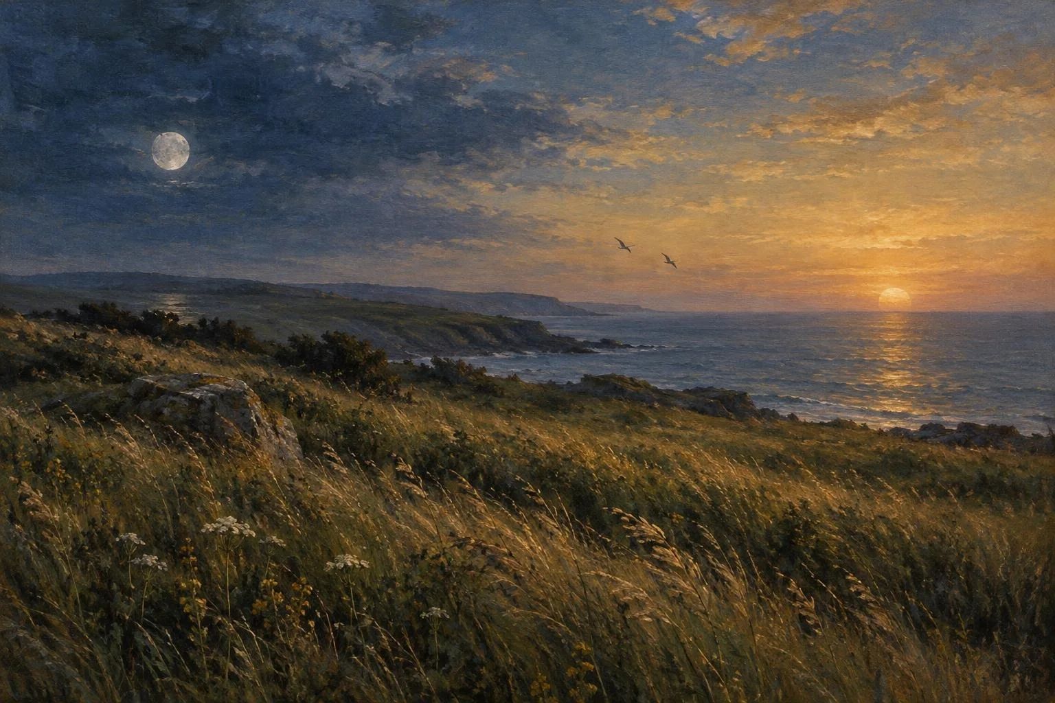 Livadh bregdetar në muzg me erën që përkund barin dhe dy zogj drejt horizontit
