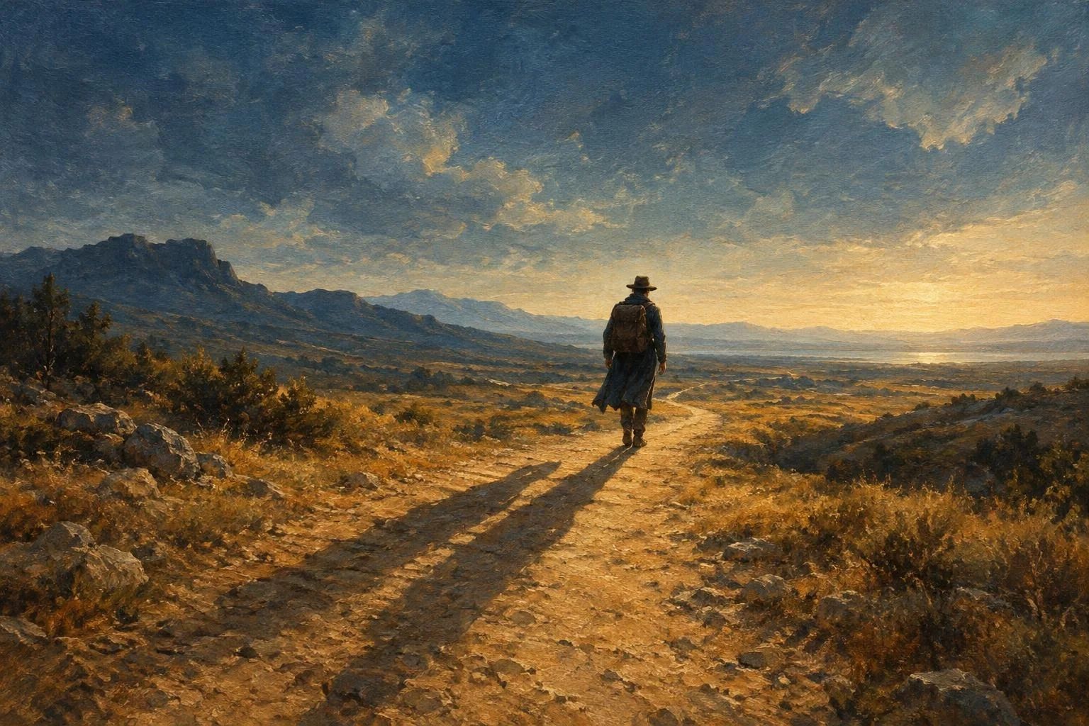 Hije të gjata mbi një shteg toke nën diellin e fortë dhe një udhëtar në horizont