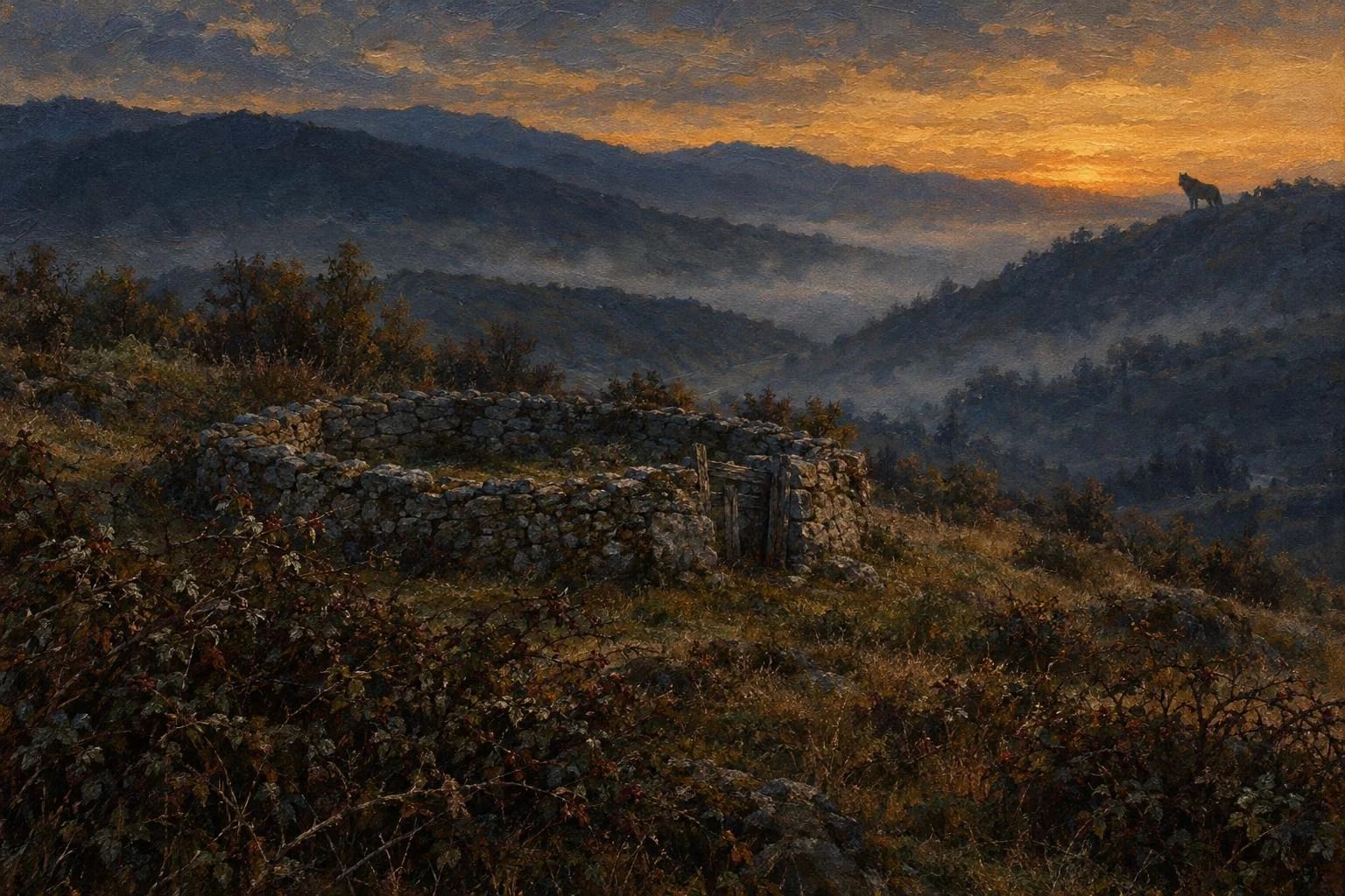 Vathë guri me dele në muzg dhe silueta e një ujku në horizontin e mjegullt