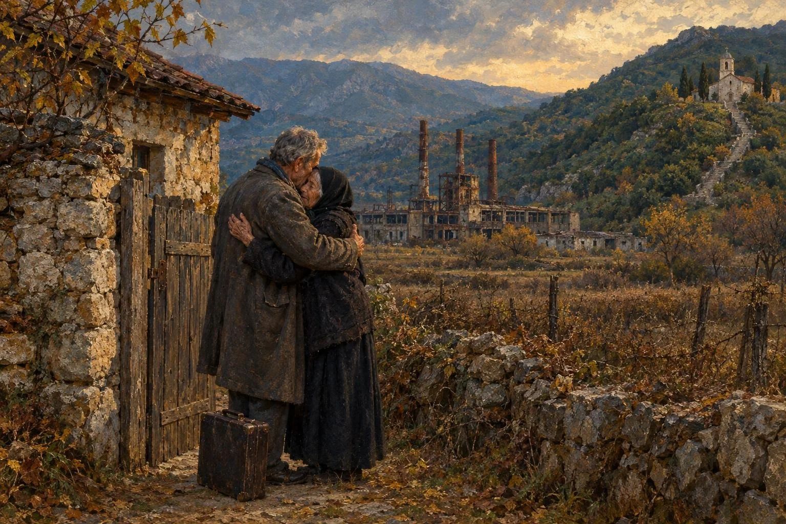 A grey-haired emigrant with a suitcase embraces his elderly mother at the gate of a stone house; behind them smokeless factory chimneys and a hillside church.