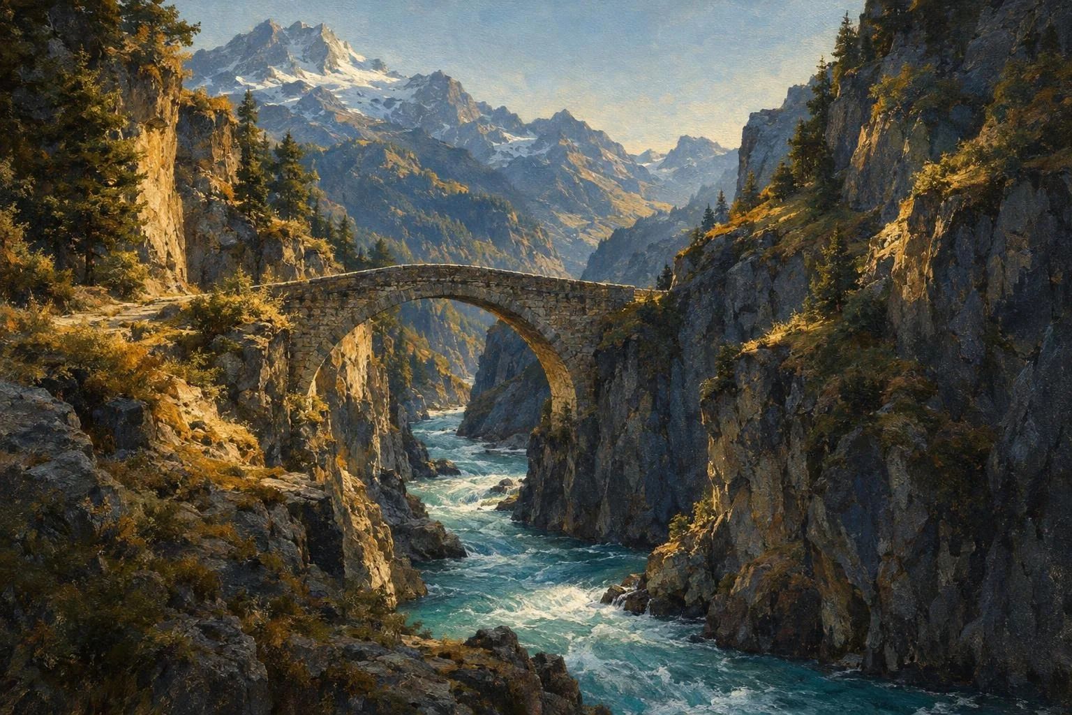 Lumi që rrjedh mes kanioneve shkëmbore dhe një urë e lashtë guri me hark