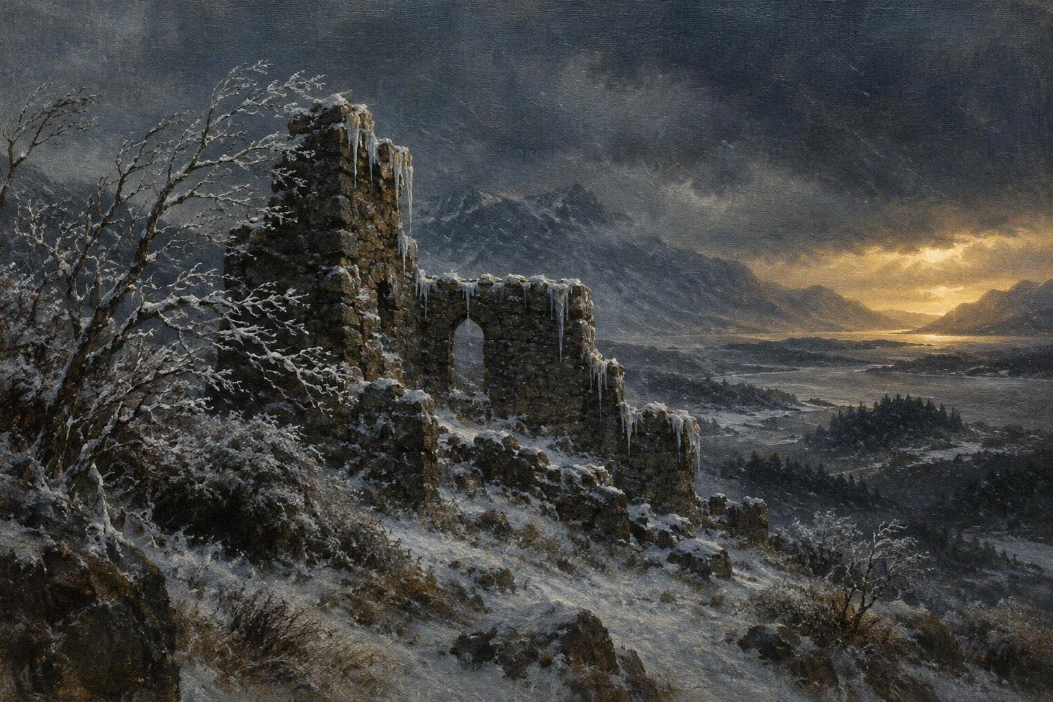 Peizazh i ftohtë dimri me degë të mbuluara me brymë dhe një rreze të hollë dielli në horizont